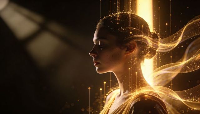 Ethereal golden portrait of woman wearing flowing luminous ribbons and sequined robe