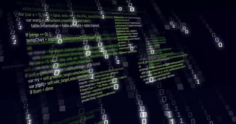 Floating Source Code Columns Streaming Binary Matrix with Neon Volumetric Panels and Futuristic Grid