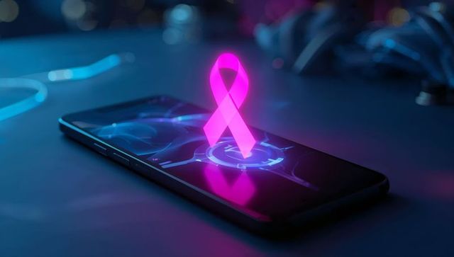 Futuristic neon pink ribbon hologram on smartphone display