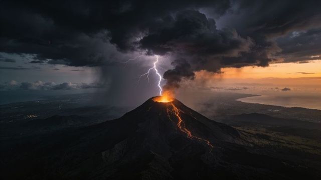 Erupting volcano at dusk with lightning striking ash plume and lava flow along coastline