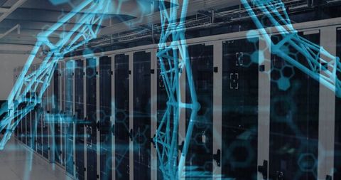 Futuristic Data Center with Holographic Robot Arm Overlay