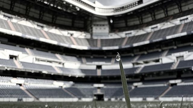 Single dew drop on grass blade in empty stadium macro close-up for sports and nature