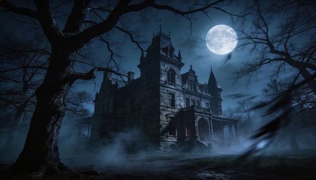 Moonlit victorian gothic mansion looming over foggy lawn under full moon
