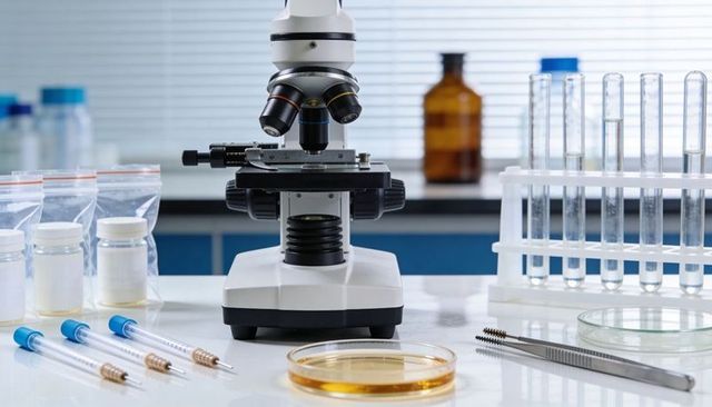 Featuring compound microscope on lab bench with petri dish and syringes for lab research