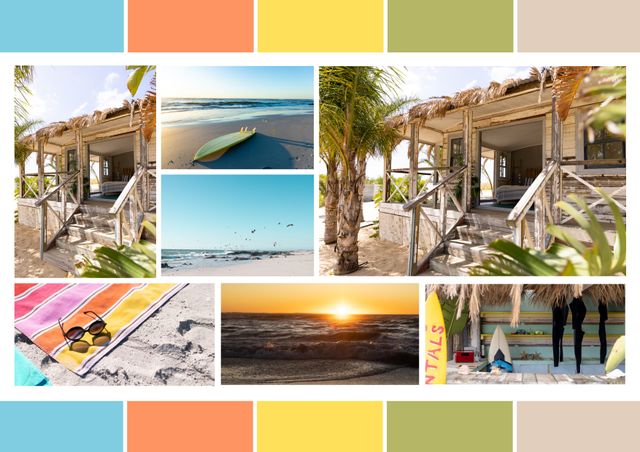 This vibrant collage beautifully captures the essence of a tropical beachside retreat, showing various moments such as sunrise and sunset, palm trees, surfboards, and beach huts. Ideal for travel advertisements, summer vacation promotions, tour operator brochures, and beach resort branding. Use it to evoke a sense of relaxation, adventure, and unforgettable holiday moments.