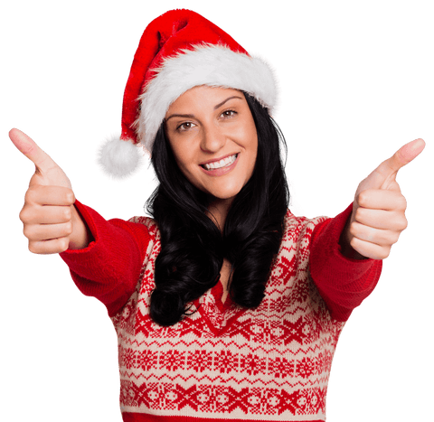Festive Woman in Santa Hat Giving Thumbs Up Transparent