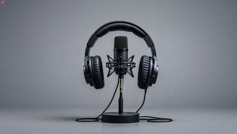black condenser microphone with headphones on stand in studio setup - Download Free Stock Images Pikwizard.com