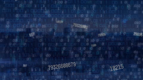 Floating Binary Data Over Futuristic Cityscape Background