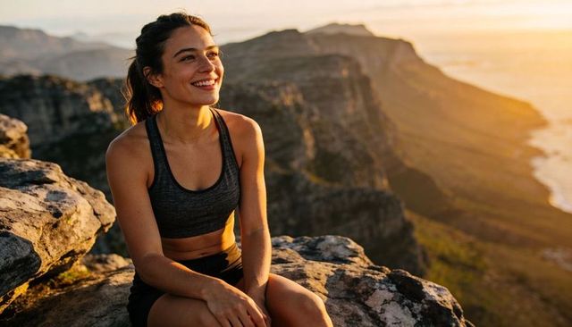 Smiling female hiker resting on coastal cliff at golden hour with ocean views and sunset glow