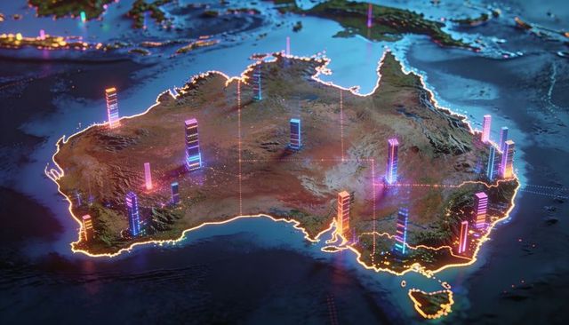 Displaying neon futuristic australia network map showing data towers and glowing coastline