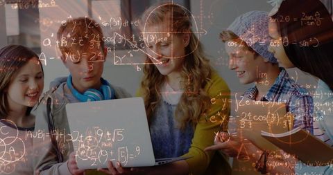 Group of Students Engaged in Collaborative Learning with Mathematical Formulas