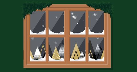 Christmas Snowfall Scene Viewed Through Decorated Window