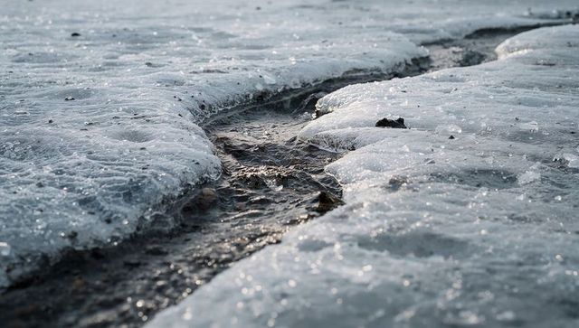 Narrow meltwater channel cutting through frozen shoreline with glinting ice and slush
