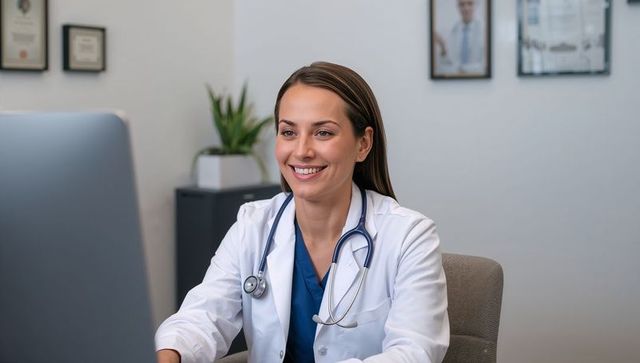 Female physician wearing white coat and stethoscope smiling during telehealth consultation