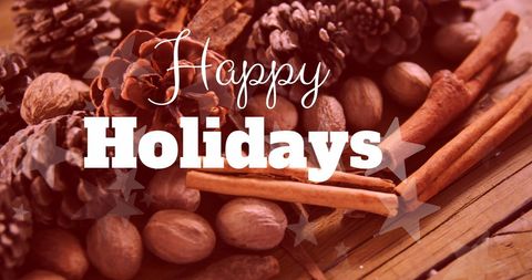 Happy Holidays Banner with Pine Cones and Cinnamon Touch