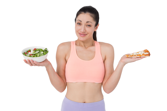 Confused Woman Holding Bowl of Salad and Slice of Pizza Transparent Background - Download Free Stock Videos Pikwizard.com