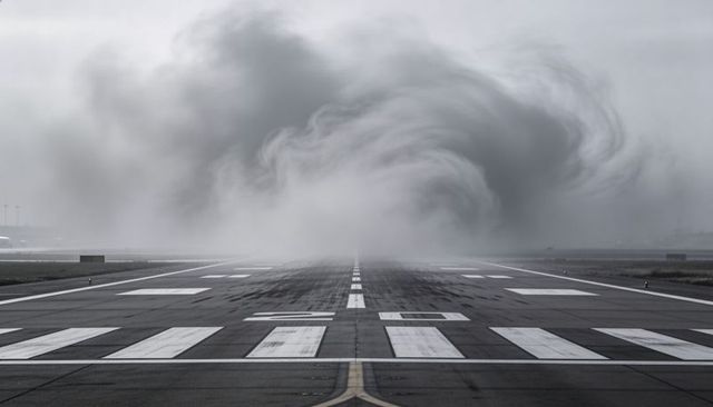 Runway leading into swirling fog over tarmac, dramatic centerline perspective