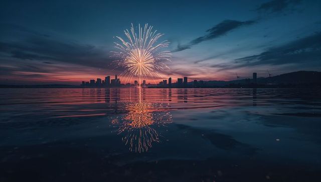 Golden firework reflections over urban waterfront at dusk