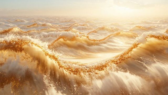 Gilded ocean waves sparkling under low sun with foamy spray and metallic shimmer