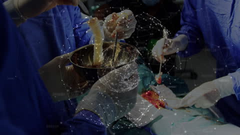 Surgeons Preparing Medical Kit with Futuristic Network Overlay