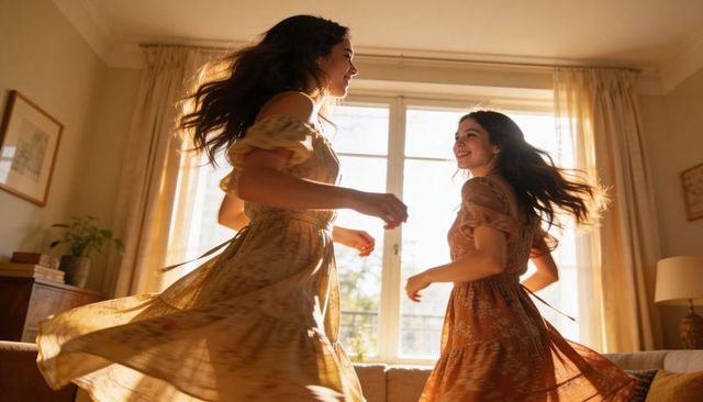Young women twirling and laughing in sunlit living room wearing flowing floral dresses