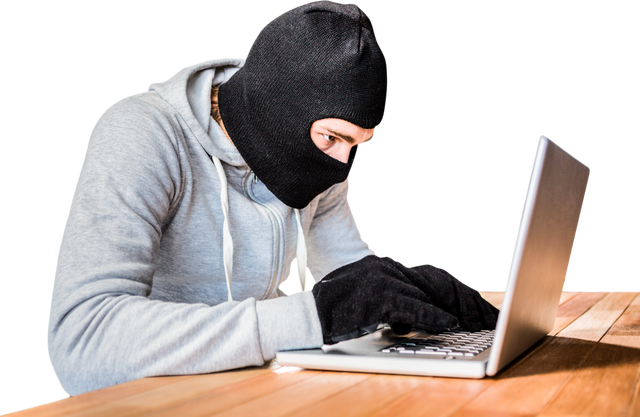 Focused Thief in Hood Typing on Laptop with Transparent Background - Download Free Stock Videos Pikwizard.com