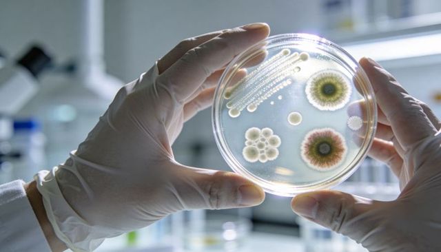 Holding gloved hands observing diverse bacterial and fungal colonies on agar plate
