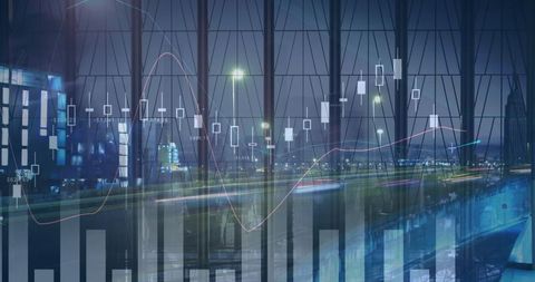 Financial analysis and data visualization with night cityscape