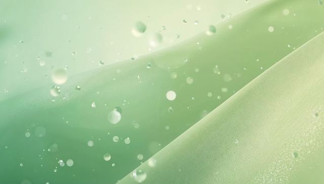 Shimmering Green Fabric Waves Folding with Water Droplets, Soft Bokeh and Pastel Gradient