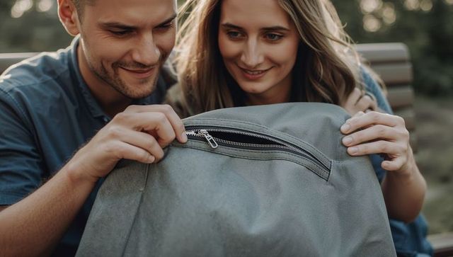 Young couple discovering hidden zip pocket in backpack while smiling on park bench