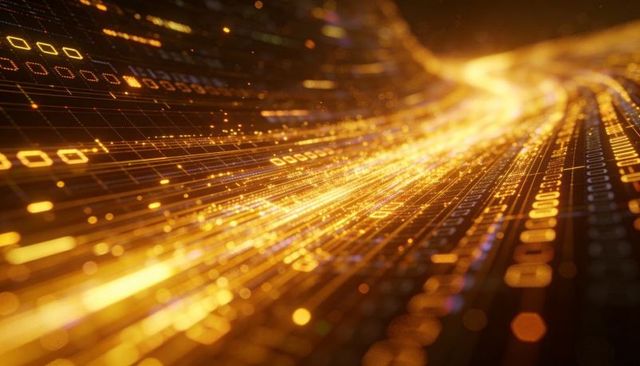 Golden data stream flowing over circuit grid with binary glyphs and light trails, futuristic ai