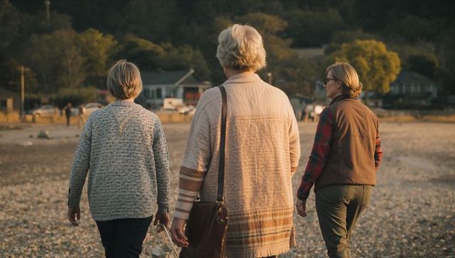 Three senior women walking along shore at golden hour carrying leather tote during autumn