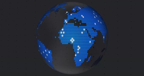Glowing blue hexagonal globe showing africa europe middle east with data node lights