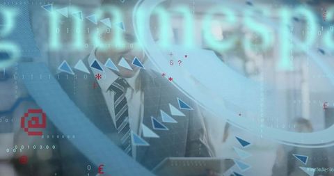Executive holding tablet reviewing futuristic hud data and financial dashboard overlay