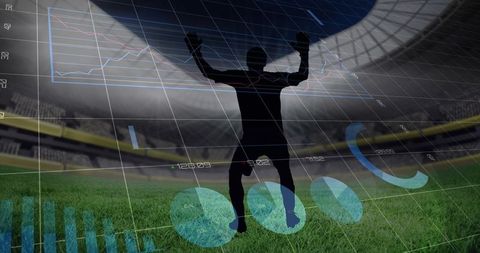Silhouette Athlete Analyzing Data in Stadium with Digital Interface