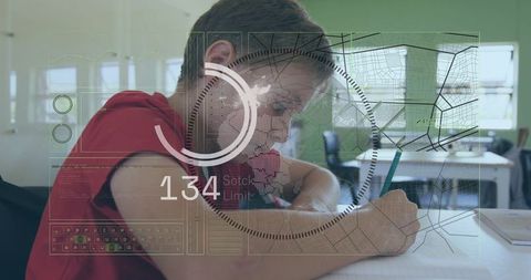 Male Student Writing with Augmented Reality HUD Showing 134 Stock Limit in Classroom Desk
