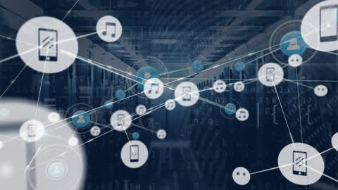 Digital Network Connections with Tech Icons in Server Room