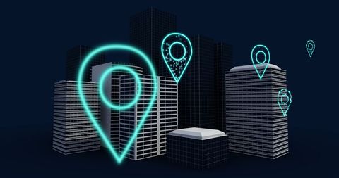 Digital Location Icons Hovering Over Futuristic Cityscape