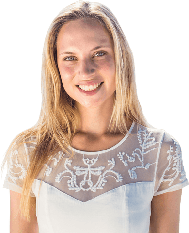 Caucasian woman in white dress smiling on transparent background