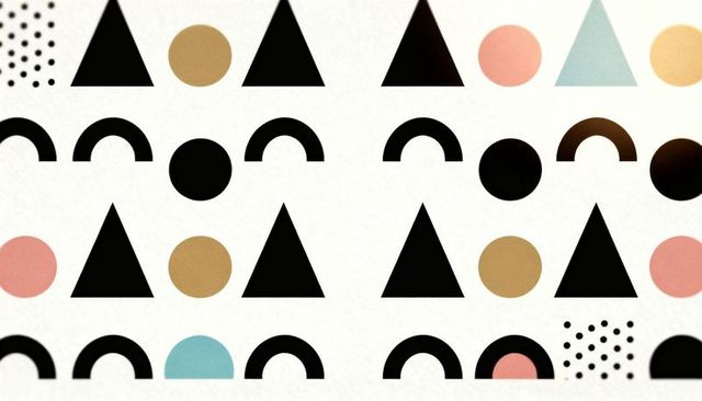 Midcentury geometric grid featuring black triangles, pastel circles, arcs and dot blocks