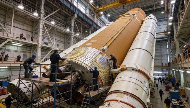 Technicians installing thermal panels on heavy-lift rocket external fuel tank in assembly hangar