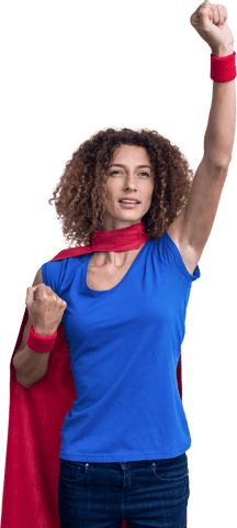 Smiling Woman in Superhero Costume Standing Confidently with Clenched Fist Transparent