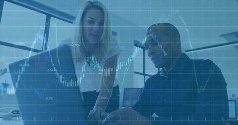 Business Professionals Collaborating with Tech and Analytics Overlay