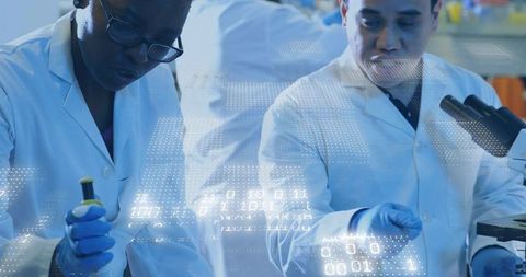 Lab researchers pipetting with data overlays for biotech analytics, microscopy, precision