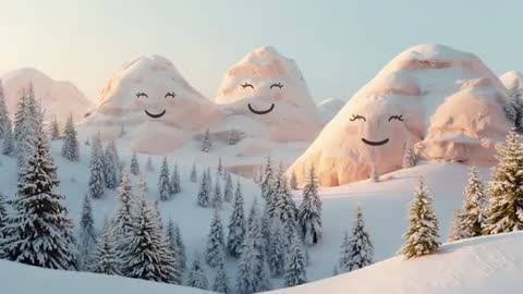 Camera panning across alpine valley revealing three smiling snowy peaks at golden sunrise