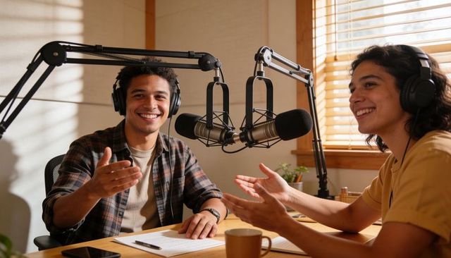 Co-hosts recording podcast in sunlit home studio with headphones and microphones