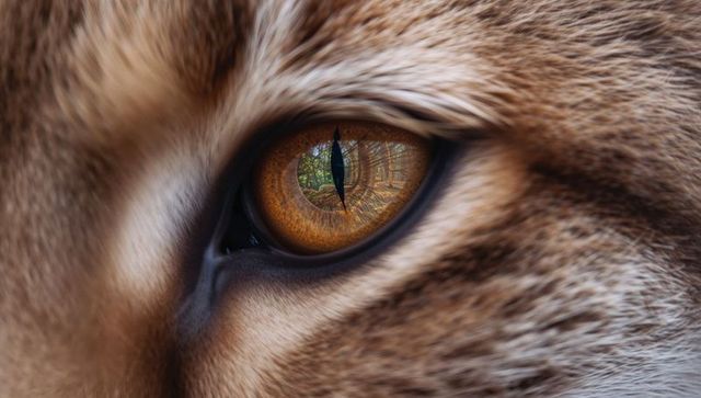 Amber wild feline eye reflecting forest canopy close-up macro detail of pupil and fur