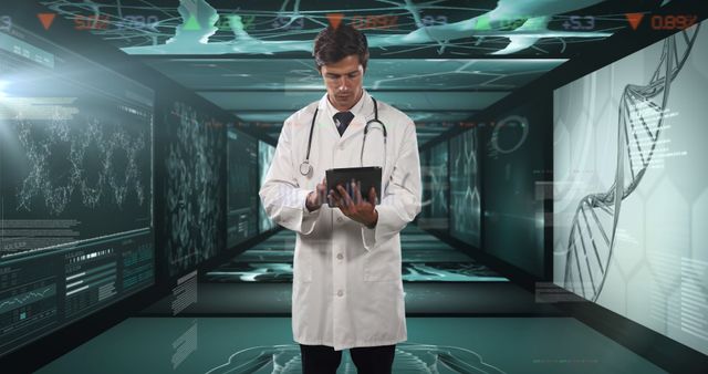 Doctor in futuristic lab reviewing data on tablet - Download Free Stock Images Pikwizard.com