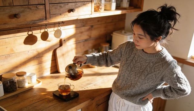 Sunlit rustic kitchen woman pouring tea from glass teapot on scale, cozy morning ritual