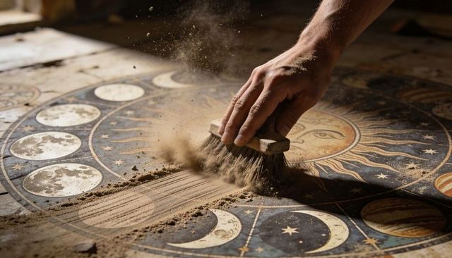 Artisan sweeping dust while restoring celestial wooden panel with sun face and moon phases